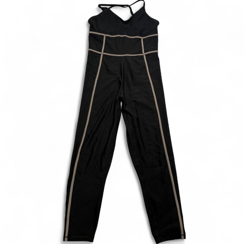 Abercrombie Black YPB Sculpt Lux jumpsuit with beige vertical stripes, size L
